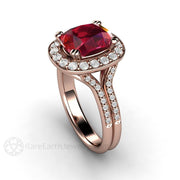 Cushion Ruby Ring Split Shank Engagement with Diamond Halo 14K Rose Gold - Rare Earth Jewelry