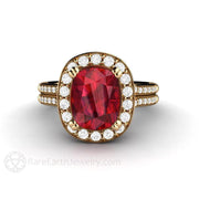Cushion Ruby Ring Split Shank Engagement with Diamond Halo 18K Yellow Gold - Rare Earth Jewelry