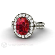 Cushion Ruby Ring Split Shank Engagement with Diamond Halo 18K White Gold - Rare Earth Jewelry