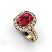 Cushion Ruby Ring Split Shank Engagement with Diamond Halo - 14K Yellow Gold - Cushion - Halo - July - Rare Earth Jewelry