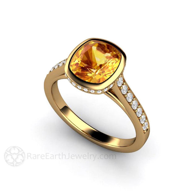 Cushion Yellow Sapphire Engagement Ring Solitaire with Diamonds 18K Yellow Gold - Engagement Only - Rare Earth Jewelry