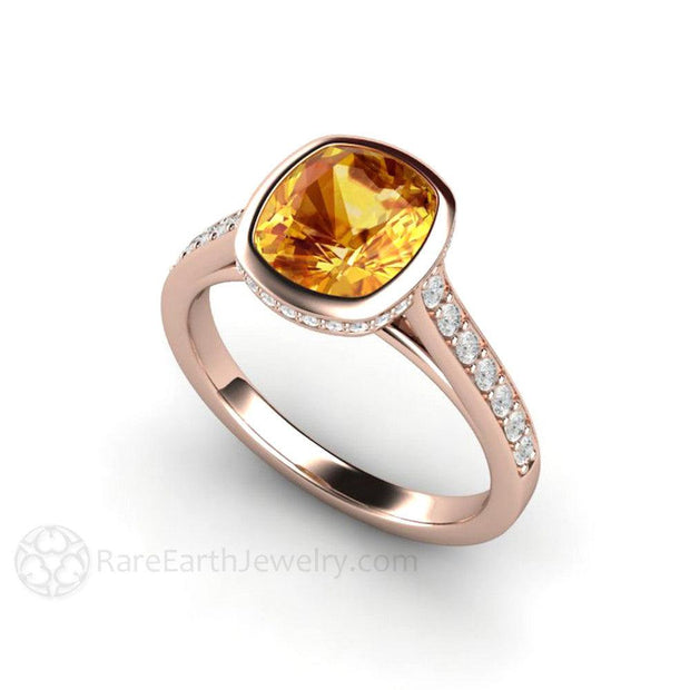 Cushion Yellow Sapphire Engagement Ring Solitaire with Diamonds 18K Rose Gold - Engagement Only - Rare Earth Jewelry