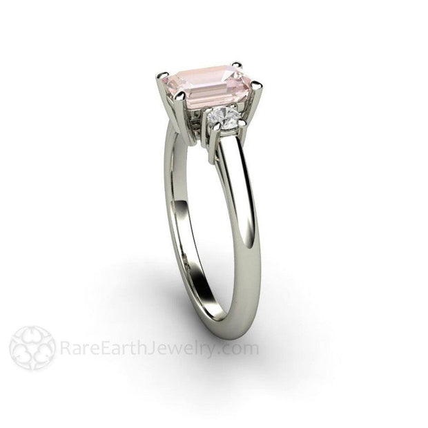 Dainty 3 Stone Morganite Ring Emerald Cut Solitaire with Diamonds 18K White Gold - Rare Earth Jewelry
