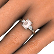 Dainty 3 Stone Morganite Ring Emerald Cut Solitaire with Diamonds Platinum - Rare Earth Jewelry