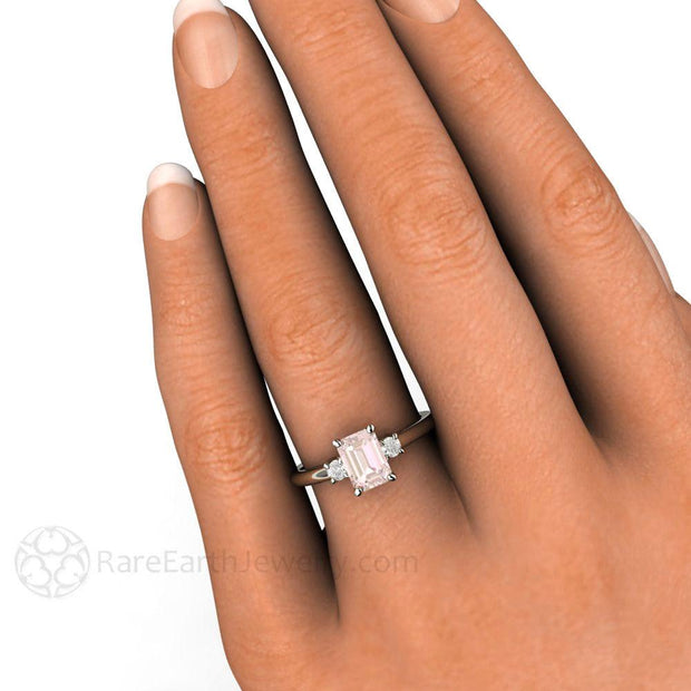 Dainty 3 Stone Morganite Ring Emerald Cut Solitaire with Diamonds Platinum - Rare Earth Jewelry