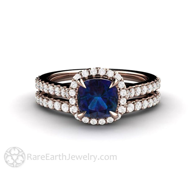 Dainty Pave Diamond Halo Alexandrite Engagement Ring Cushion Cut 14K Rose Gold - Wedding Set - Rare Earth Jewelry