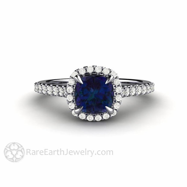 Dainty Pave Diamond Halo Alexandrite Engagement Ring Cushion Cut Platinum - Engagement Only - Rare Earth Jewelry