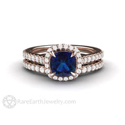 Dainty Pave Diamond Halo Alexandrite Engagement Ring Cushion Cut 18K Rose Gold - Wedding Set - Rare Earth Jewelry