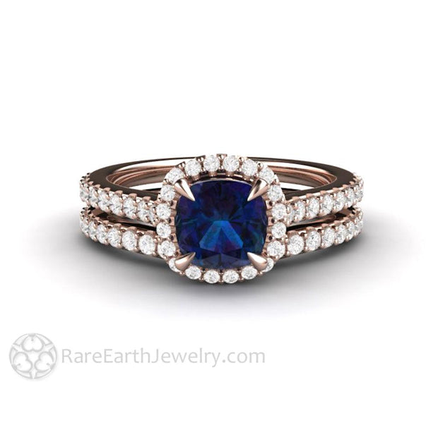 Dainty Pave Diamond Halo Alexandrite Engagement Ring Cushion Cut 18K Rose Gold - Wedding Set - Rare Earth Jewelry