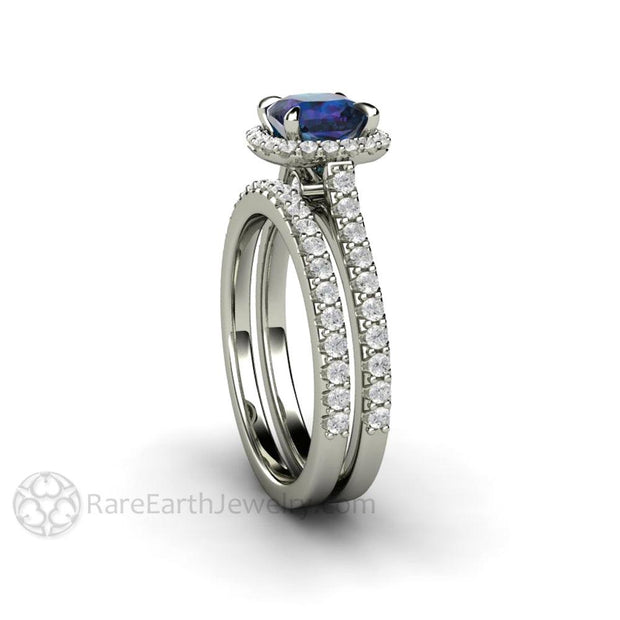 Dainty Pave Diamond Halo Alexandrite Engagement Ring Cushion Cut - 18K White Gold - Wedding Set - Alexandrite - Blue - Cushion - Rare Earth Jewelry