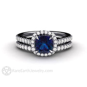 Dainty Pave Diamond Halo Alexandrite Engagement Ring Cushion Cut Platinum - Wedding Set - Rare Earth Jewelry