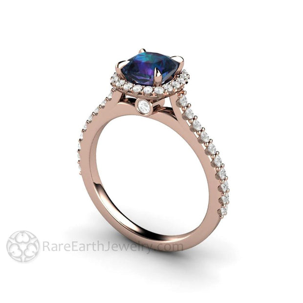 Dainty Pave Diamond Halo Alexandrite Engagement Ring Cushion Cut 14K Rose Gold - Engagement Only - Rare Earth Jewelry