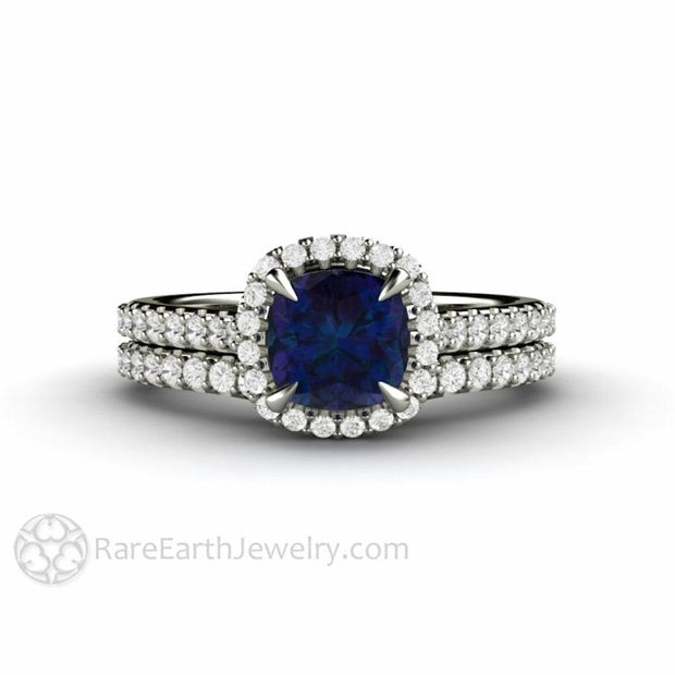 Dainty Pave Diamond Halo Alexandrite Engagement Ring Cushion Cut 14K White Gold - Wedding Set - Rare Earth Jewelry