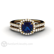 Dainty Pave Diamond Halo Alexandrite Engagement Ring Cushion Cut - 18K Yellow Gold - Wedding Set - Alexandrite - Blue - Cushion - Rare Earth Jewelry