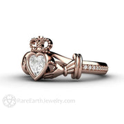 Diamond Claddagh Ring Irish Engagement or Promise Ring - 14K Rose Gold - April - Bezel - Diamond - Rare Earth Jewelry