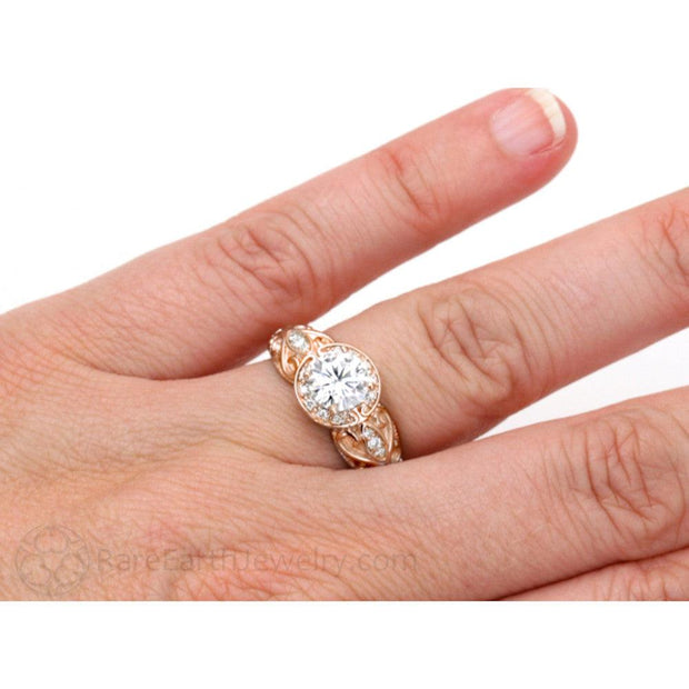 Diamond Engagement Ring 1ct Vintage Art Deco Halo 14K Rose Gold - Rare Earth Jewelry