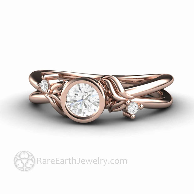 Diamond Engagement Ring Round Bezel Set Diamond Ring with Leaf Design 18K Rose Gold - Rare Earth Jewelry