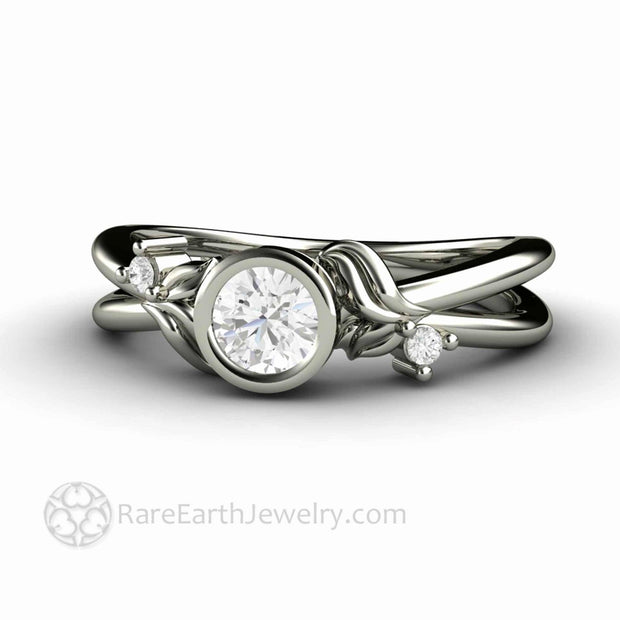 Diamond Engagement Ring Round Bezel Set Diamond Ring with Leaf Design 14K White Gold - Rare Earth Jewelry