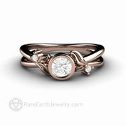 Diamond Engagement Ring Round Bezel Set Diamond Ring with Leaf Design - 14K Rose Gold - April - Bezel - Diamond - Rare Earth Jewelry