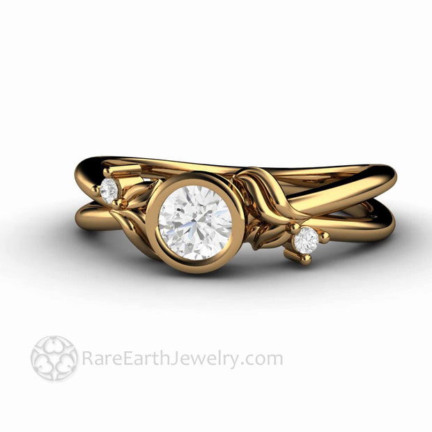 Diamond Engagement Ring Round Bezel Set Diamond Ring with Leaf Design 18K Yellow Gold - Rare Earth Jewelry