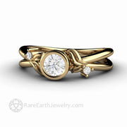 Diamond Engagement Ring Round Bezel Set Diamond Ring with Leaf Design - 14K Yellow Gold - April - Bezel - Diamond - Rare Earth Jewelry