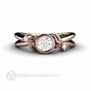 Diamond Engagement Ring Round Bezel Set Diamond Ring with Leaf Design 14K Rose Gold - Rare Earth Jewelry