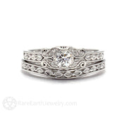 Diamond Engagement Ring Vintage Style Ring Filigree - 14K White Gold - Wedding Set - April - Diamond - Round - Rare Earth Jewelry