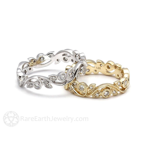 Diamond Eternity Band or Wedding Ring with Leaf and Milgrain Pattern 14K Yellow Gold - Rare Earth Jewelry