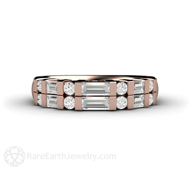 Double Baguette Diamond Wedding Ring or Anniversary Band 14K Rose Gold - Rare Earth Jewelry