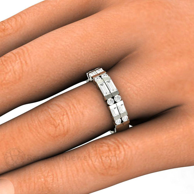 Double Baguette Diamond Wedding Ring or Anniversary Band 14K White Gold - Rare Earth Jewelry