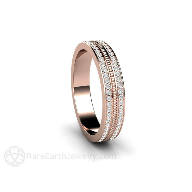 Double Pave Diamond Wedding Ring or Anniversary Band with Rope Design 18K Rose Gold - Rare Earth Jewelry