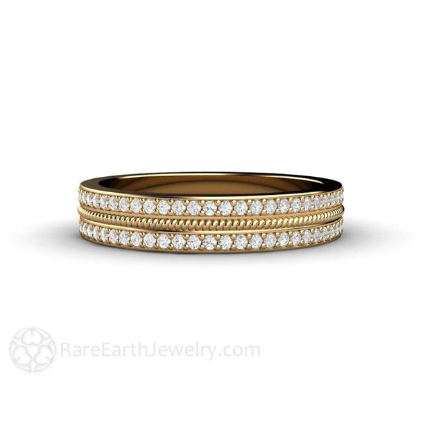 Double Pave Diamond Wedding Ring or Anniversary Band with Rope Design 14K Yellow Gold - Rare Earth Jewelry