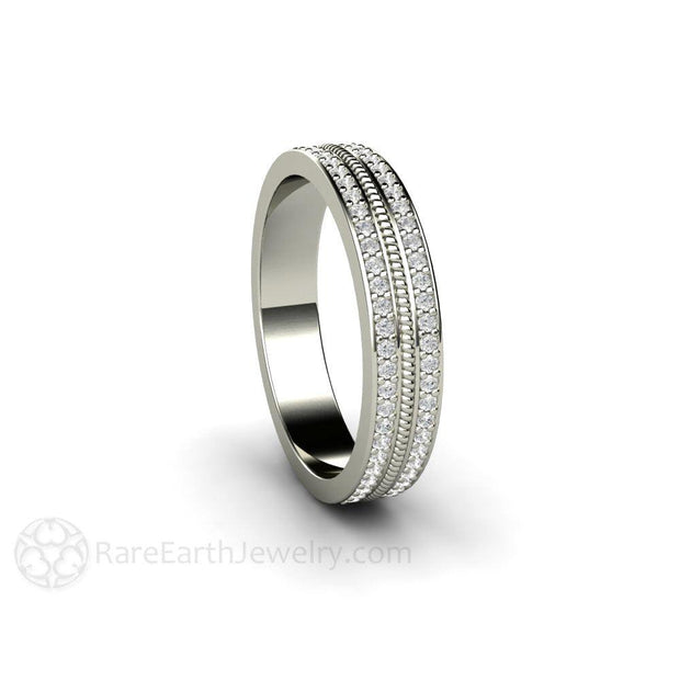 Double Pave Diamond Wedding Ring or Anniversary Band with Rope Design Platinum - Rare Earth Jewelry