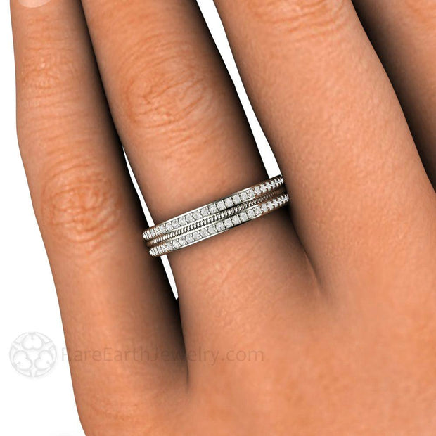 Double Pave Diamond Wedding Ring or Anniversary Band with Rope Design 18K White Gold - Rare Earth Jewelry