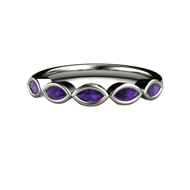 A natural Amethyst ring with a modern style bezel setting with marquise cut purple stones set east to west, a unique stackable band. See more February Birthstone jewelry at Rare Earth Jewelry.