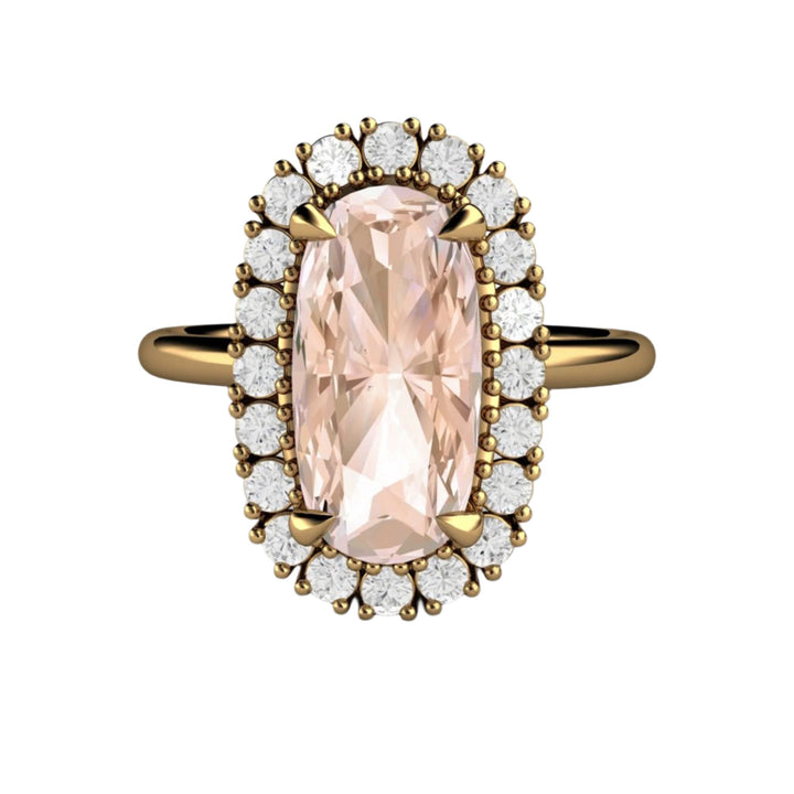 Diamond Halo Morganite Engagement Ring, Long Cushion Cut Morganite Ring in 18K Gold