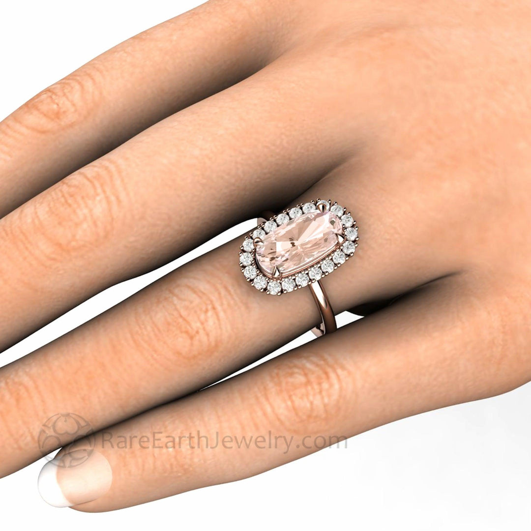 Morganite Engagement Ring with Diamond Halo, 2 Carat Long Cushion Cut on the Hand