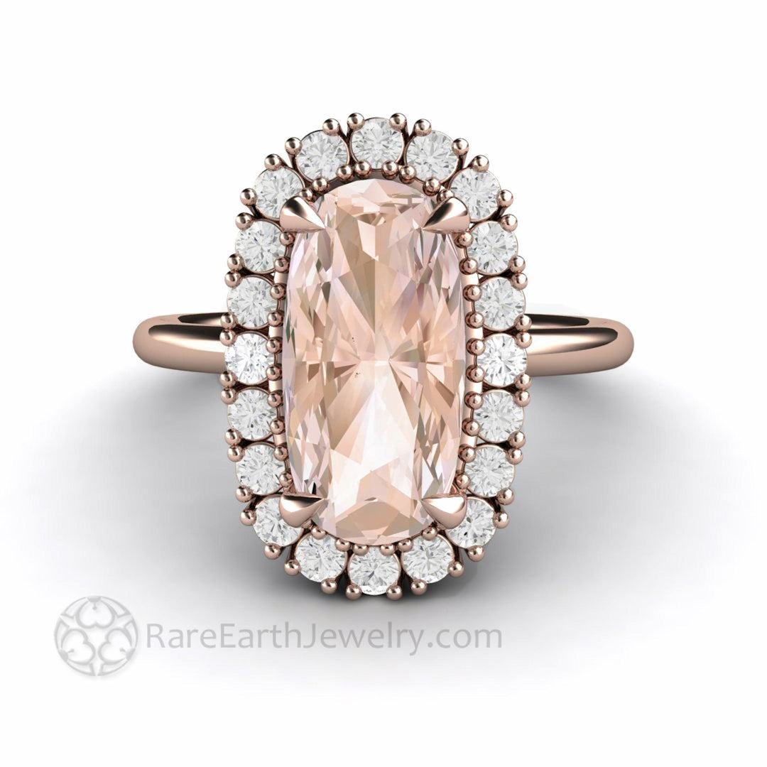 Morganite Engagement Ring Long Cushion Cut with Diamond Halo - Rare Earth Jewelry