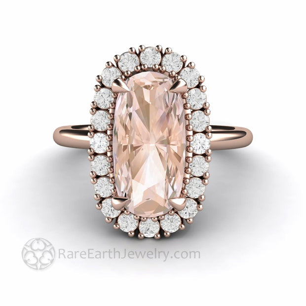 Elongated Cushion Cut Morganite Engagement Ring with Diamond Halo 18K Rose Gold - Rare Earth Jewelry