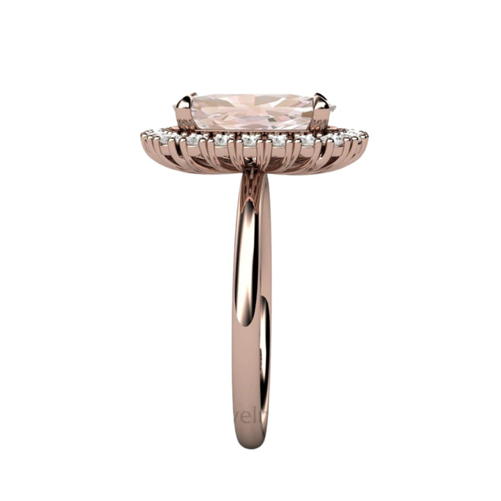 Elongated Cushion Cut Morganite Engagement Ring Diamond Halo, Side View showing Double Prongs and Thin Band