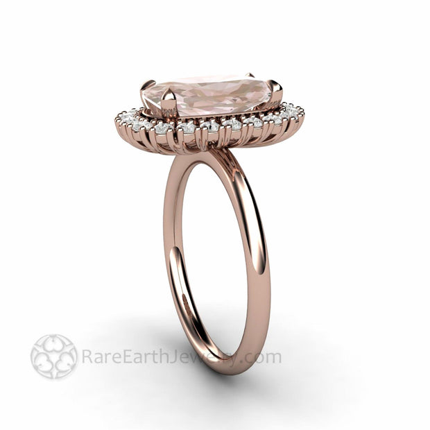 Elongated Cushion Cut Morganite Engagement Ring with Diamond Halo 14K Rose Gold - Rare Earth Jewelry