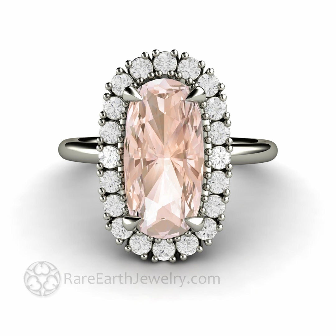 Morganite Engagement Ring Long Cushion Cut with Diamond Halo - Rare Earth Jewelry