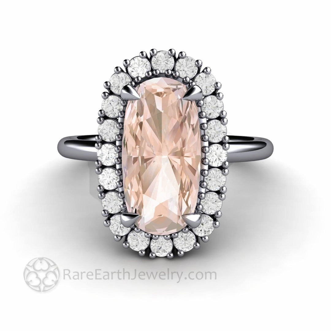 Morganite Engagement Ring Long Cushion Cut with Diamond Halo - Rare Earth Jewelry