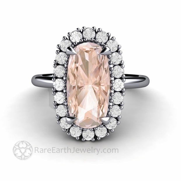 Elongated Cushion Cut Morganite Engagement Ring with Diamond Halo - Platinum - Cluster - Cushion - Halo - Rare Earth Jewelry