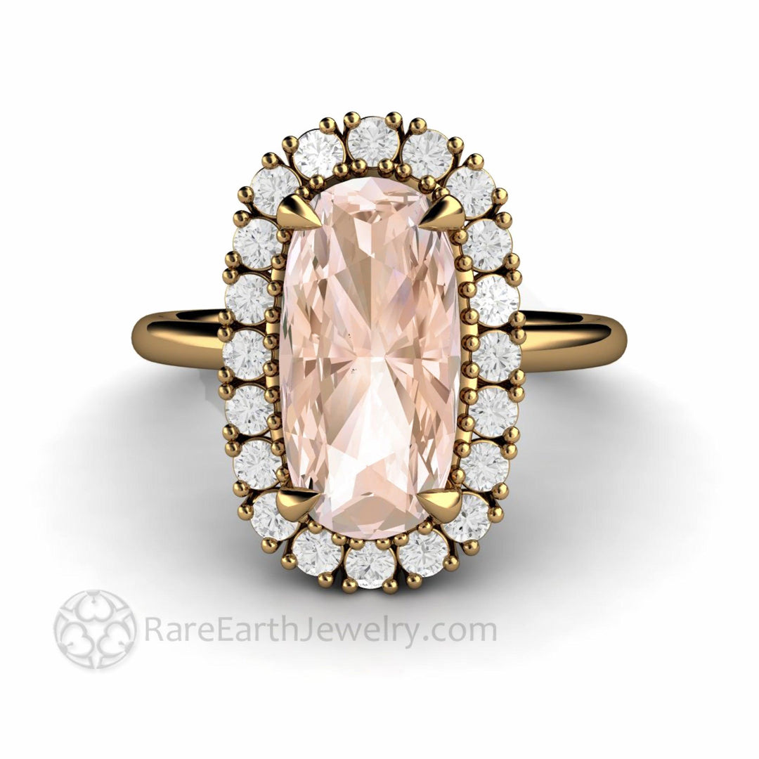 Morganite Engagement Ring Long Cushion Cut with Diamond Halo - Rare Earth Jewelry