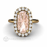 Peach Morganite Cushion Engagement Ring with Diamonds in 18K Yellow Gold Cluster Halo Setting by Rare Earth Jewelry