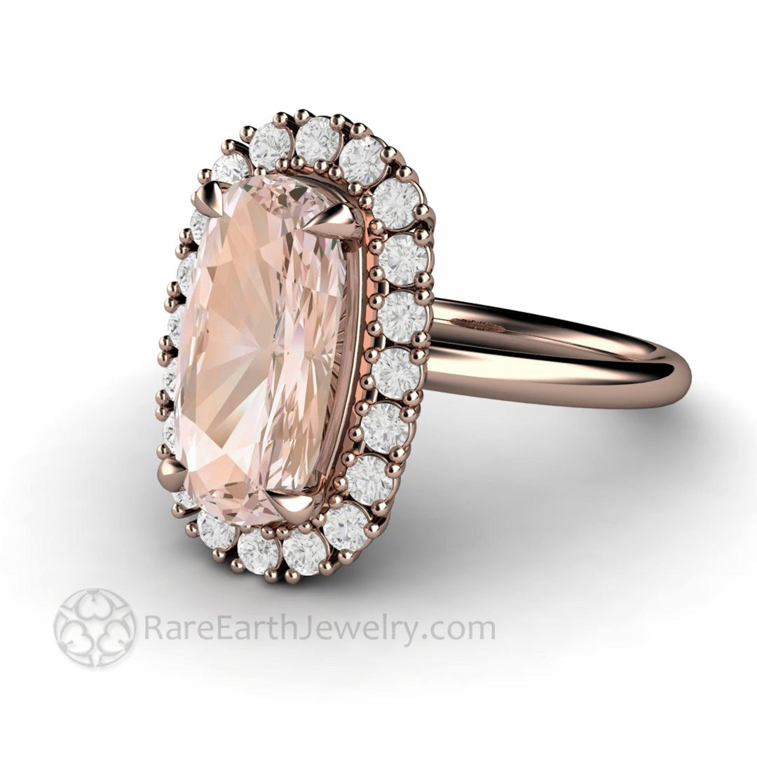 Morganite Engagement Ring Long Cushion Cut with Diamond Halo - Rare Earth Jewelry