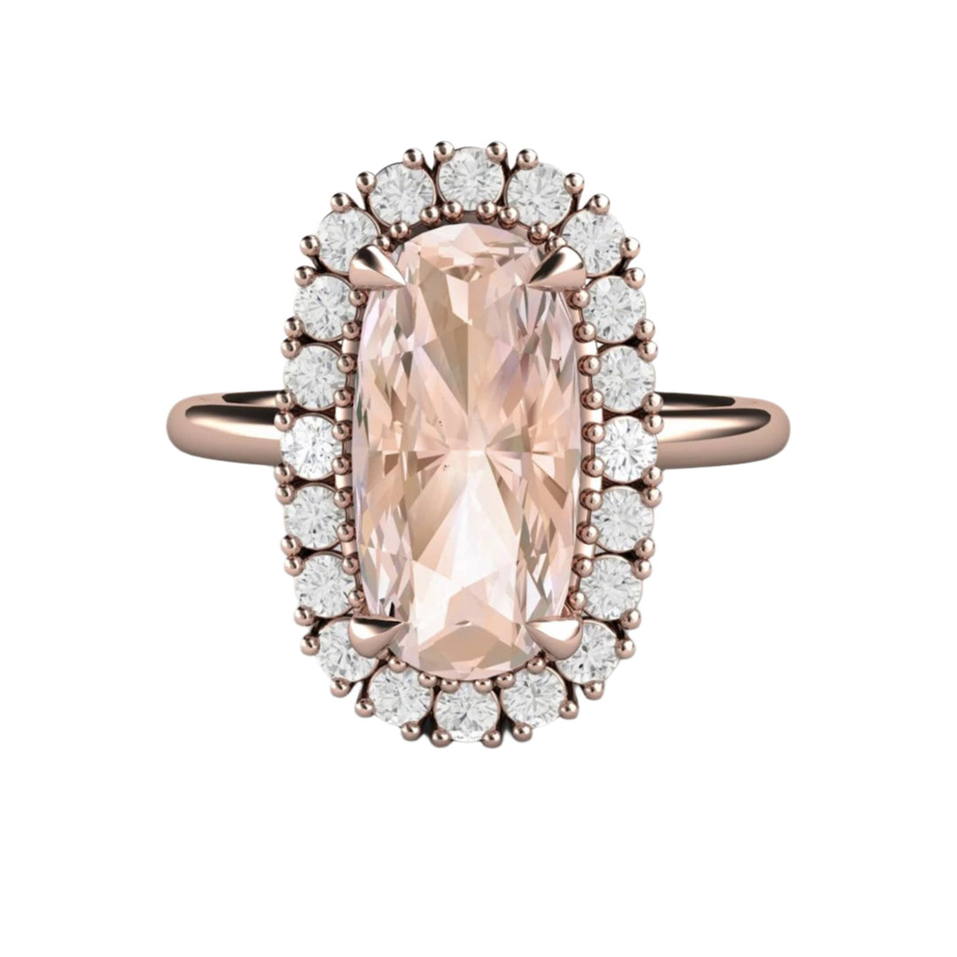 Elongated Cushion Morganite Ring, Unique Peach Gemstone Engagement Ring with Diamonds, Talon Prongs