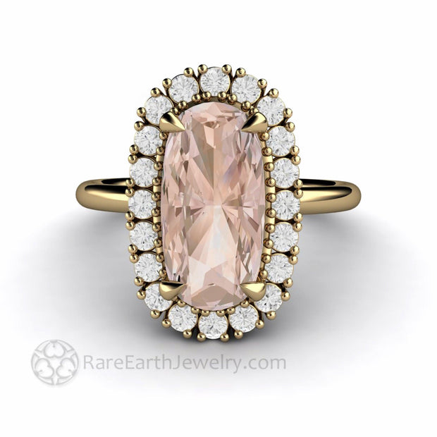 Elongated Cushion Cut Morganite Engagement Ring with Diamond Halo - 14K Yellow Gold - Cluster - Cushion - Halo - Rare Earth Jewelry