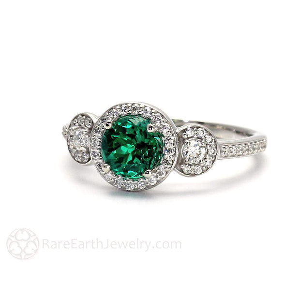 Emerald 3 Stone Engagement Ring Diamond Halo 14K White Gold - Rare Earth Jewelry